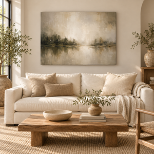Misty Lake Reflection Wall Art in a styled room