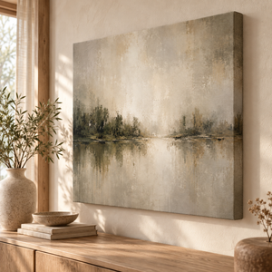 Misty Lake Reflection Wall Art in a styled room