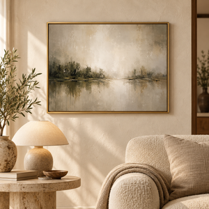 Misty Lake Reflection Wall Art in a styled room