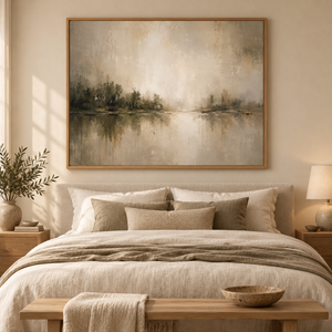 Misty Lake Reflection Wall Art in a styled room