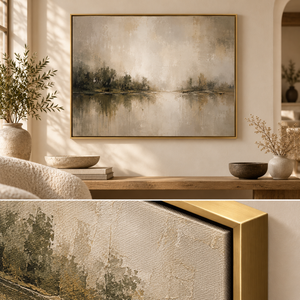 Misty Lake Reflection Wall Art in a styled room