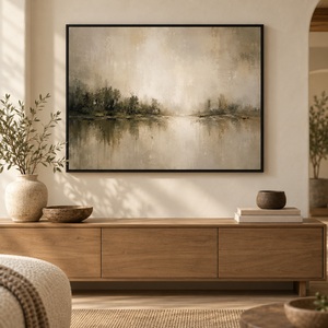 Misty Lake Reflection Wall Art in a styled room