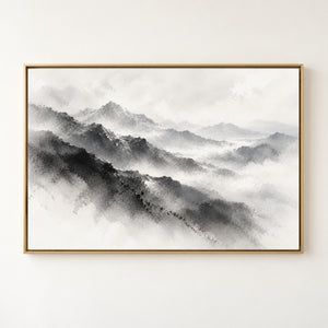 Misty Monochrome Mountain Range Wall Art in a floating frame