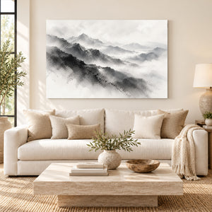 Misty Monochrome Mountain Range Wall Art styled in a living space