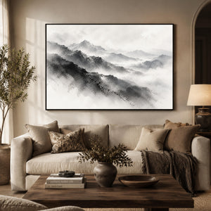 Misty Monochrome Mountain Range Wall Art styled in a living space