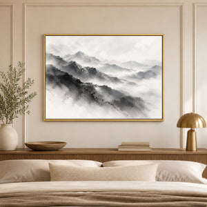 Misty Monochrome Mountain Range Wall Art styled in a living space