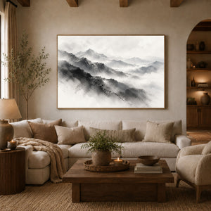 Misty Monochrome Mountain Range Wall Art styled in a living space