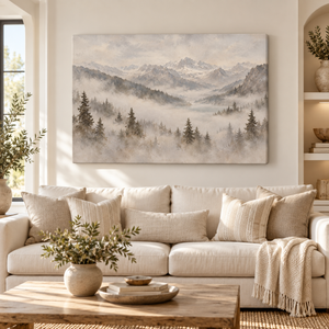 Misty Mountain Pine Forest Art Print in a styled room