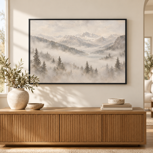 Misty Mountain Pine Forest Art Print in a styled room