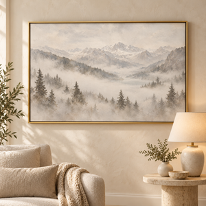 Misty Mountain Pine Forest Art Print in a styled room