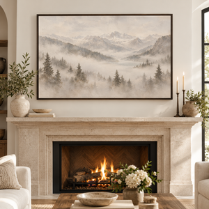 Misty Mountain Pine Forest Art Print in a styled room