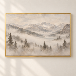 Misty Mountain Pine Forest Art Print in a styled room