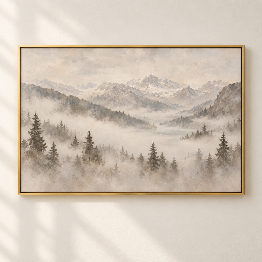 Misty Mountain Pine Forest Art Print in a styled room