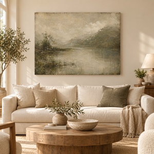 Misty Valley Lake Landscape Art Print in a styled room