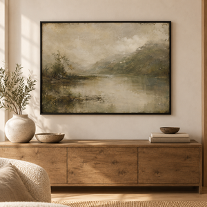 Misty Valley Lake Landscape Art Print in a styled room