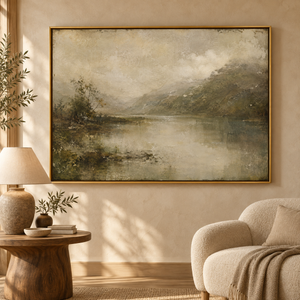 Misty Valley Lake Landscape Art Print in a styled room
