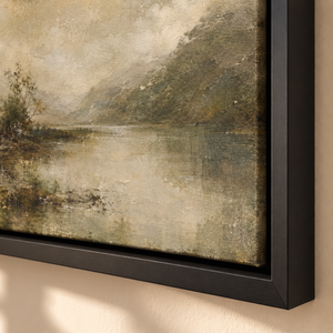 Misty Valley Lake Landscape Art Print in a styled room