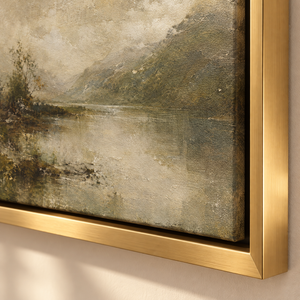 Misty Valley Lake Landscape Art Print in a styled room