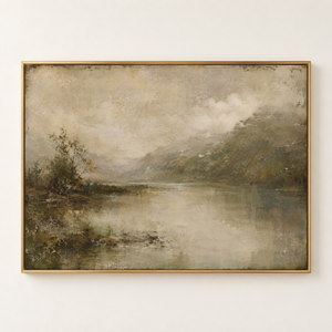 Misty Valley Lake Landscape Art Print in a styled room