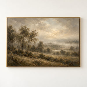 Misty Valley Pastoral Landscape Art Print in a gold floating frame