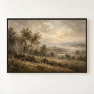 Misty Valley Pastoral Landscape Art Print in a black floating frame