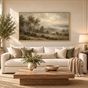 Misty Valley Pastoral Landscape Art Print styled in a room