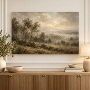 Misty Valley Pastoral Landscape Art Print styled in a room