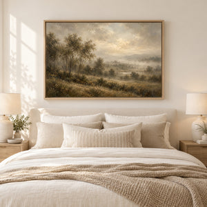 Misty Valley Pastoral Landscape Art Print styled in a room