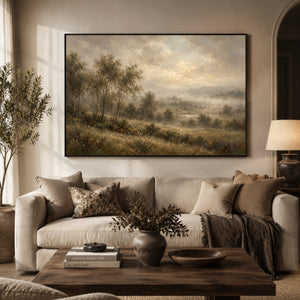 Misty Valley Pastoral Landscape Art Print styled in a room