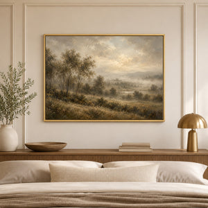 Misty Valley Pastoral Landscape Art Print styled in a room