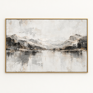 Monochrome Mountain Lake Reflection Wall Art in a floating frame