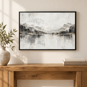 Monochrome Mountain Lake Reflection Wall Art styled in a living space