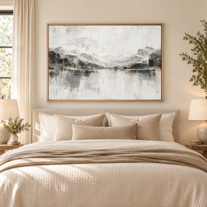 Monochrome Mountain Lake Reflection Wall Art styled in a living space