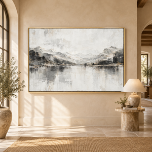 Monochrome Mountain Lake Reflection Wall Art styled in a living space