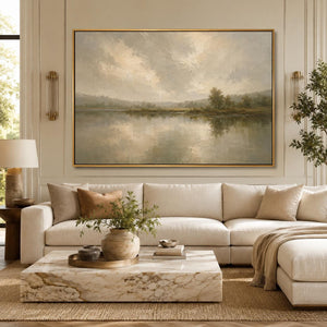 Moody Lake Landscape Art Print, Framed Canvas Wall Art, Vintage Oil Painting Print, Modern Cottage Living Room Decor, Large Luxury Wall Art