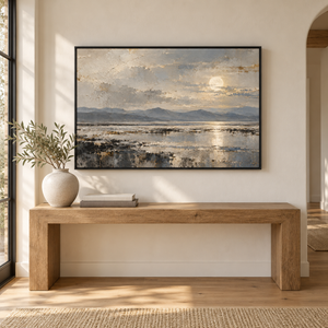Moonlit Mountain Lake Landscape Art Print styled in a living space