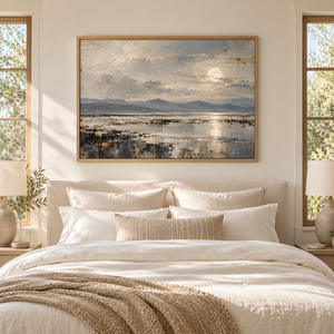 Moonlit Mountain Lake Landscape Art Print styled in a living space