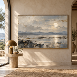 Moonlit Mountain Lake Landscape Art Print styled in a living space