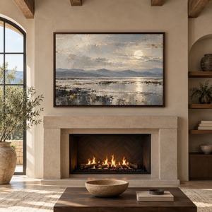 Moonlit Mountain Lake Landscape Art Print styled in a living space
