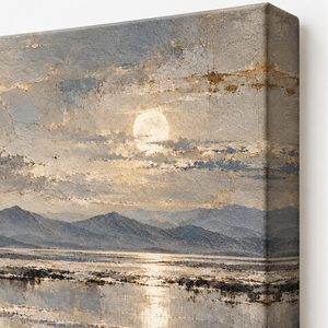 Close up of Moonlit Mountain Lake Landscape Art Print canvas texture and frame edge