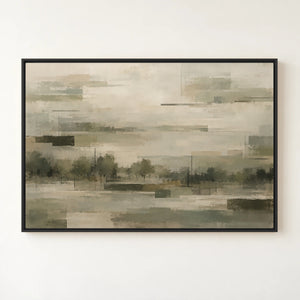 Muted Geometric Misty Landscape Wall Art in a floating frame