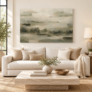 Muted Geometric Misty Landscape Wall Art styled in a living space
