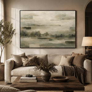 Muted Geometric Misty Landscape Wall Art styled in a living space