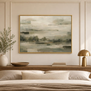 Muted Geometric Misty Landscape Wall Art styled in a living space