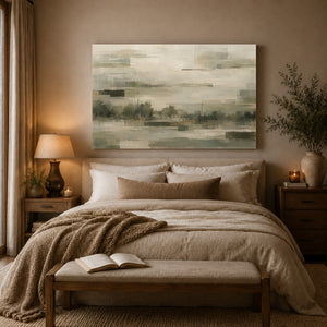 Muted Geometric Misty Landscape Wall Art styled in a living space