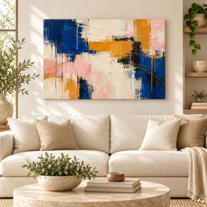 Navy Blue and Blush Abstract Wall Art in a styled room