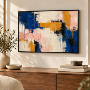 Navy Blue and Blush Abstract Wall Art in a styled room