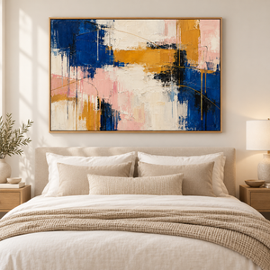 Navy Blue and Blush Abstract Wall Art in a styled room