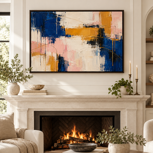 Navy Blue and Blush Abstract Wall Art in a styled room