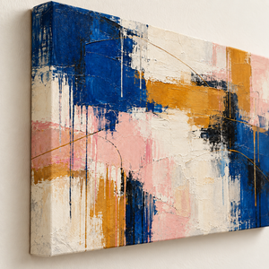 Navy Blue and Blush Abstract Wall Art in a styled room